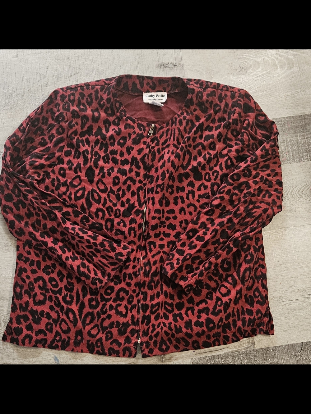 Cathy Daniels Red and Black Leopard-Print Zip Jacket Polyester Suede Large